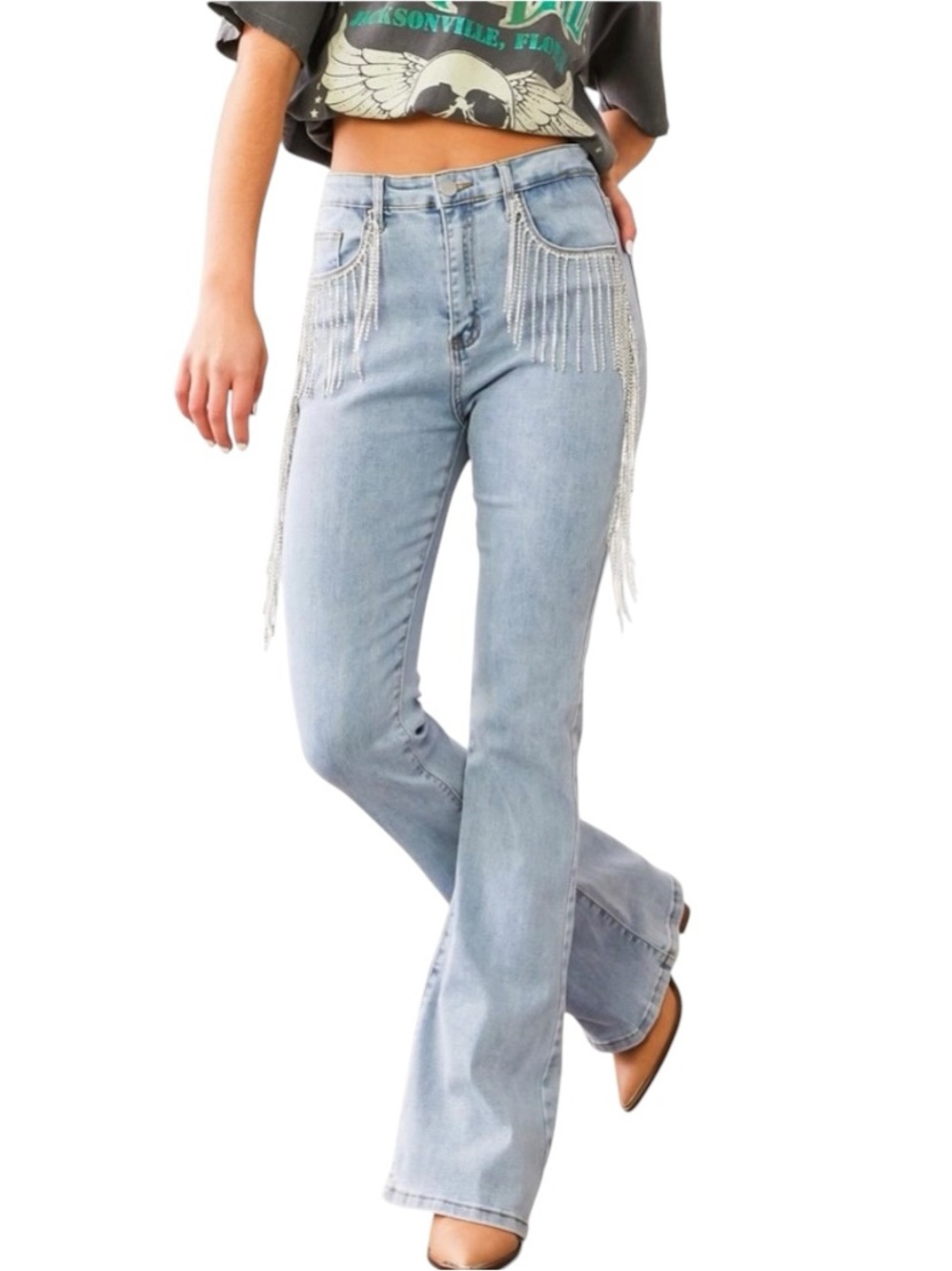 NEW blue b Light Wash Rhinestone Pocket Super Flare Stretchy Denim Jeans
